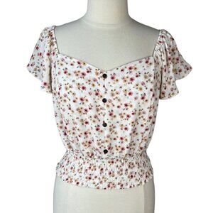 Monteau Button Front Top Womens XL Cream Pink Sweetheart Neck Floral